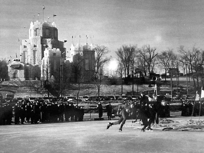 Speed skaters race outside the ice palace in Como Park at the 1941 Winter Carnival in this photo by official Winter Carnival photographer Bernard Schleiter. (Photo courtesy of Jane Lonergan)