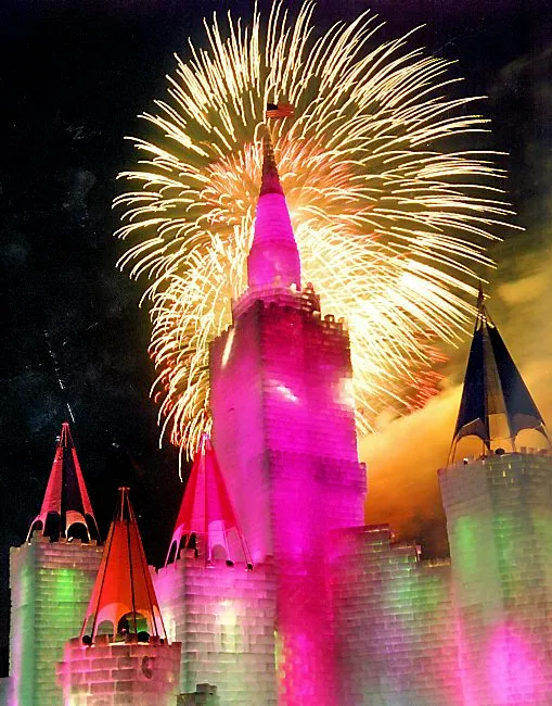 A fireworks display puts the final touches on the lighting ceremony for the 1992 Ice Palace during opening night on Harriet Island in St. Paul Wednesday, Jan. 22, 1992. Media from around the world, drawn here by the upcoming Super Bowl in Minneapolis, were on hand. Standing 166 feet high, the palace is nearly three times bigger and 40 feet taller than St. Paul's last palace, built for the Winter Carnival's centennial in 1986. (Pioneer Press: Valicia Boudry)***