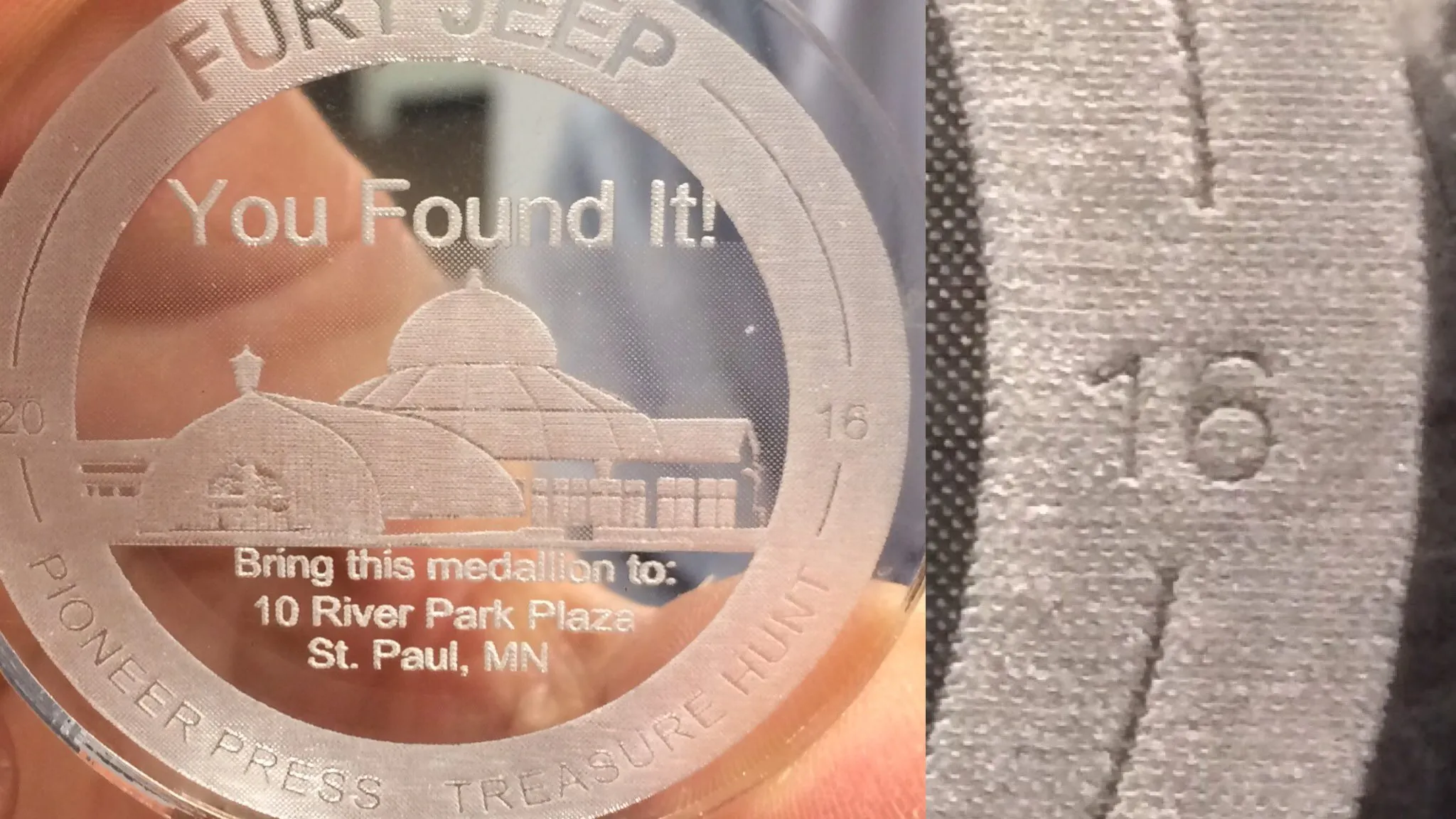 In this collage of two pictures, the 2017 Pioneer Press Treasure Hunt medallion, held by winner Jerome Krieger, carries the year 2016 on it. Pioneer Press: Dave Orrick
