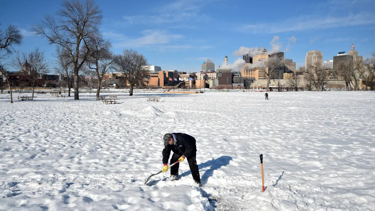Tom, who gave no last name, from Hastings hunts for the Pioneer Press Treasure Hunt Medallion at Harriet Island Regional Park in St. Paul on Wednesday, Jan 31, 2018. He came to Harriet Island because it's where the big Winter Carnival Ice Castle was in 1992, he said. (John Autey / Pioneer Press)
