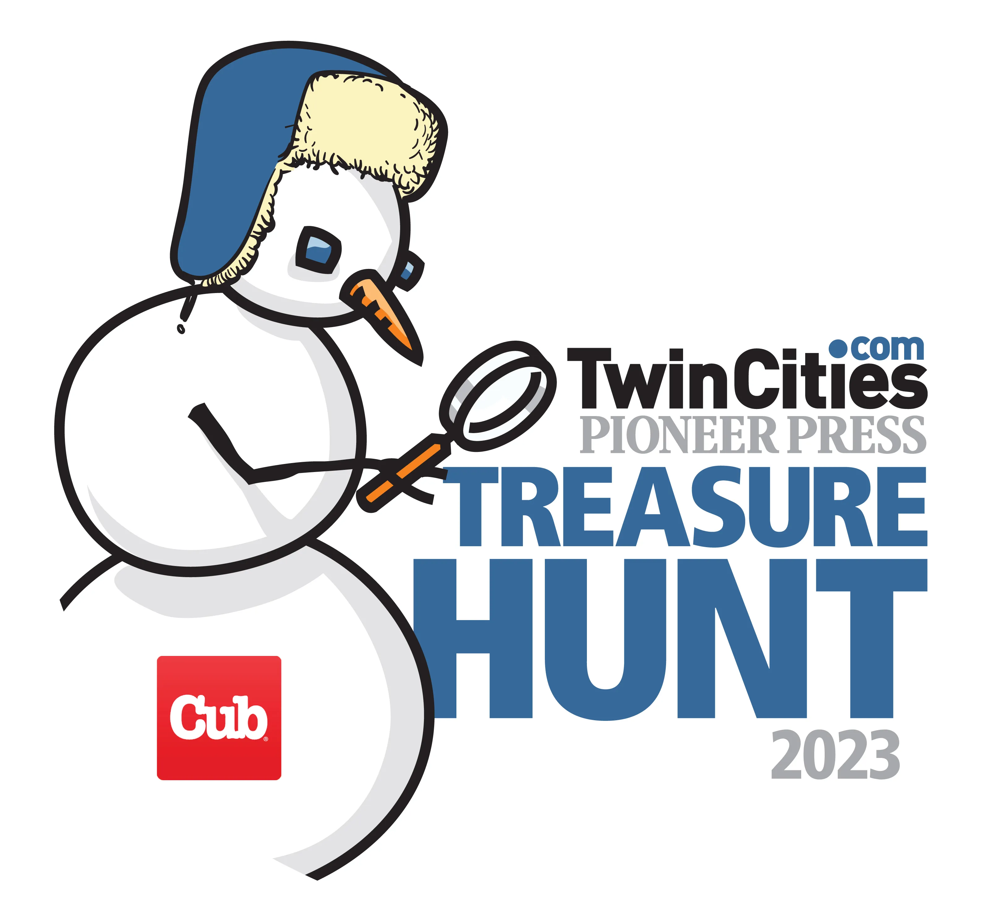 Cartoon snowman with a magnifying glass looking at Pioneer Press Treasure Hunt logo