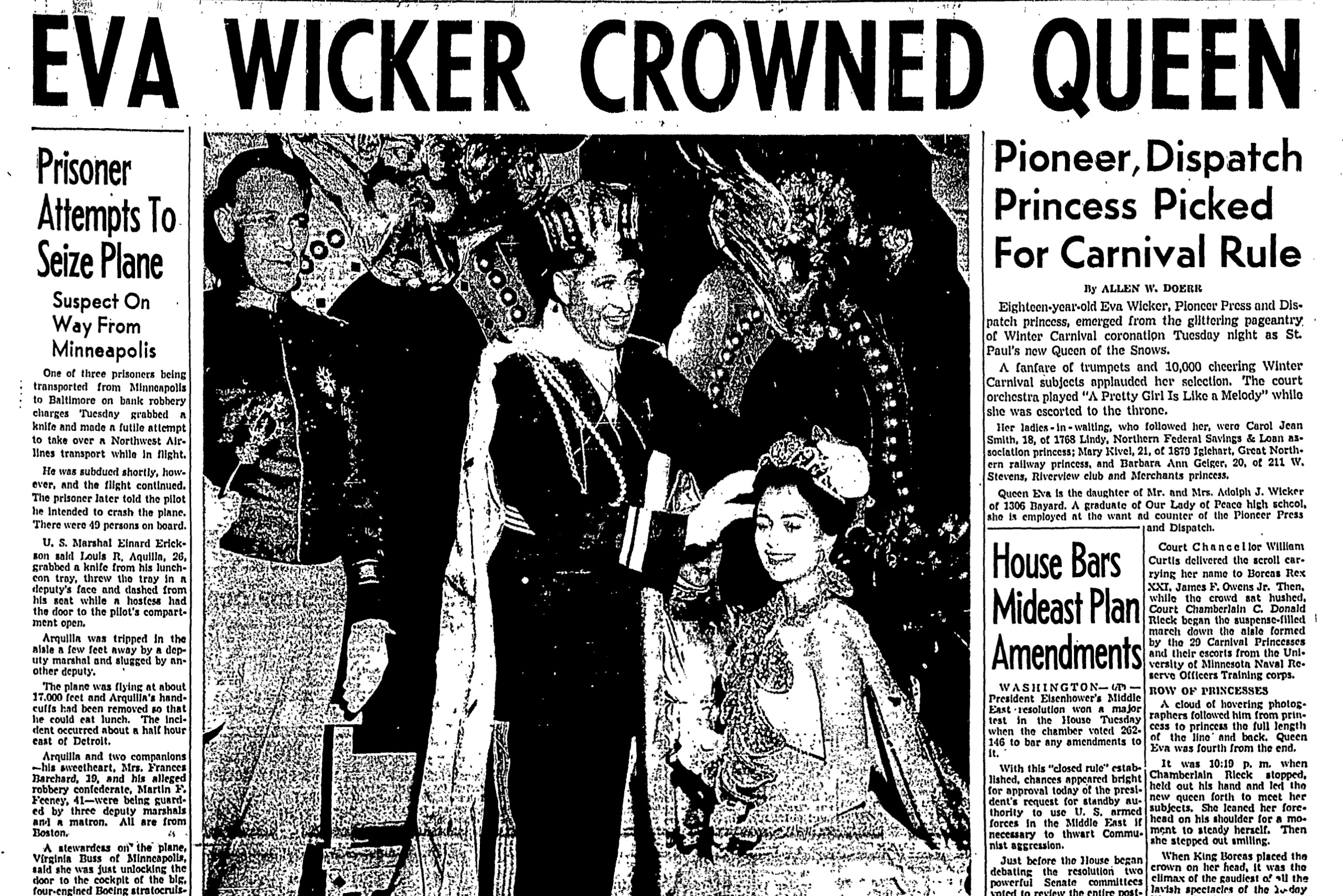 A black-and-white front page with the banner headline 'Eva Wicker Crowned Queen.'