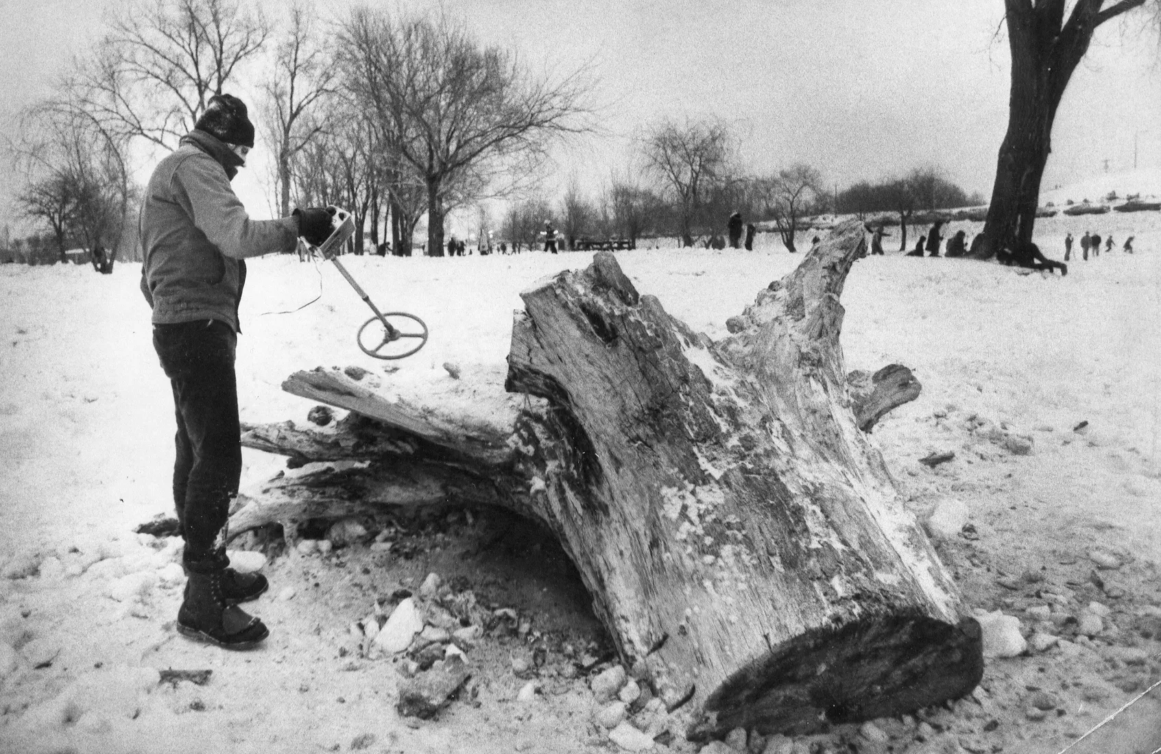Robert King of St. Paul finds a metal detector useful while searching for the Pioneer Press Treasure Hunt Medallion during the 1976 St. Paul Winter Carnival.. (Pioneer Press file photo)