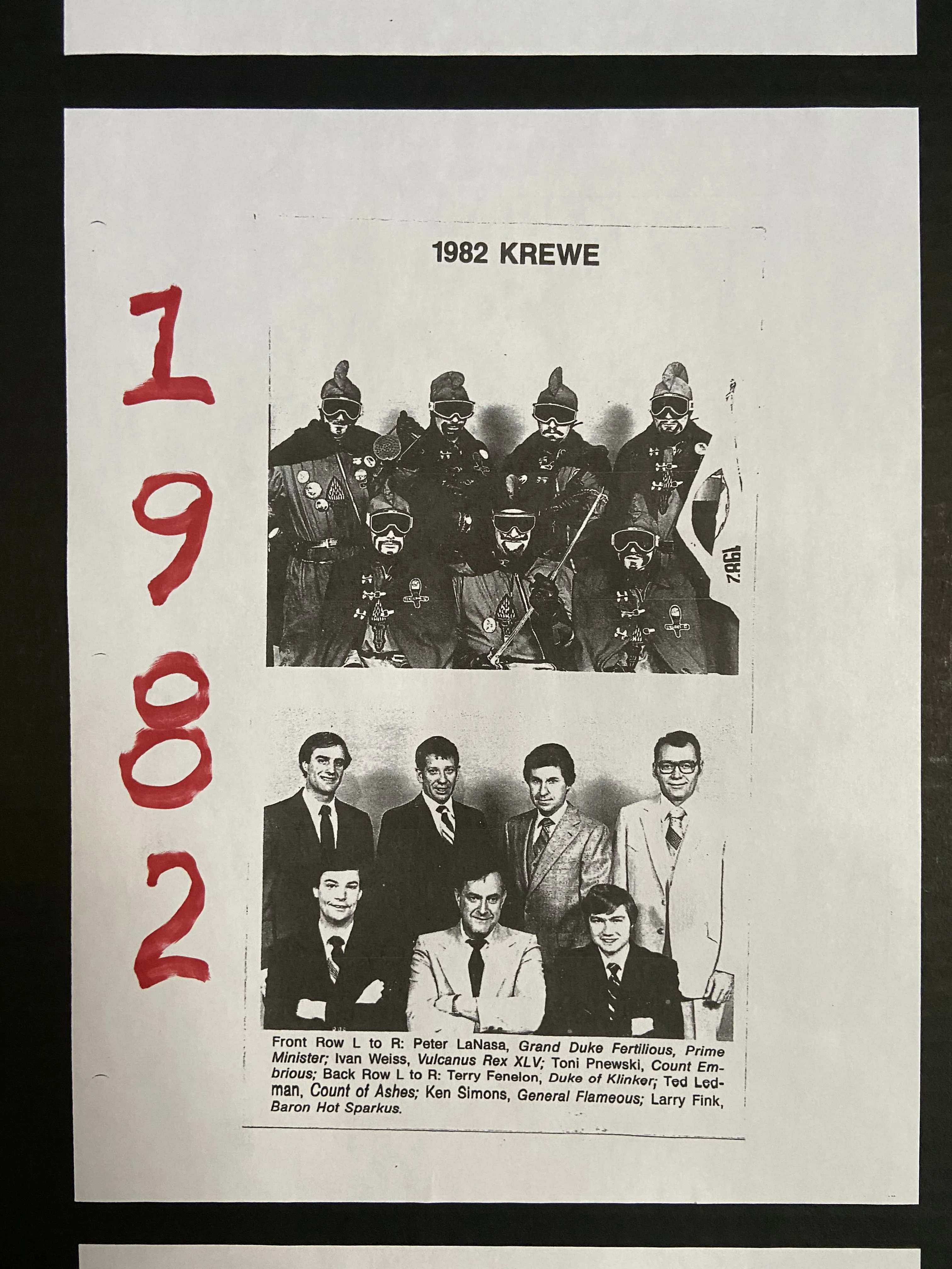 Two photos, one on top of the other. Each shows 7 men; top photo, they're dressed in running suits and goggles. Bottom photo, their faces are visible
