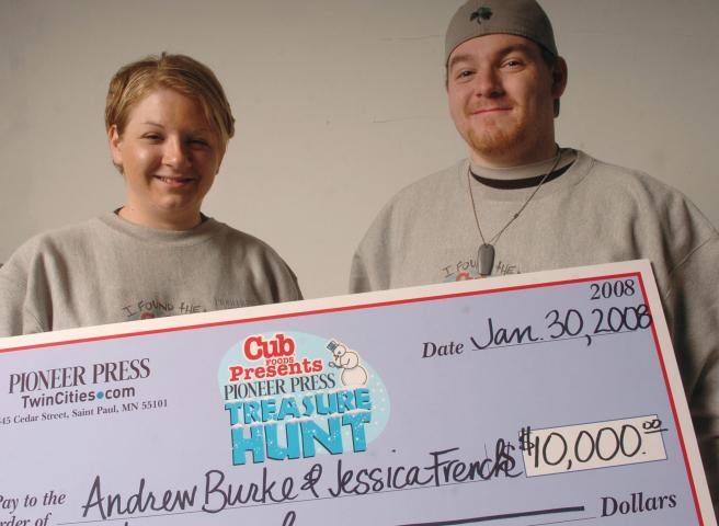 Brother and sister medallion-hunting team Jessica French and Andrew Burke. The duo -- French, 26, and Burke, 21 -- found the prize tucked in a 3M Highland tape box that had been wrapped in plastic wrap under some branches in Indian Mounds Park in St. Paul.