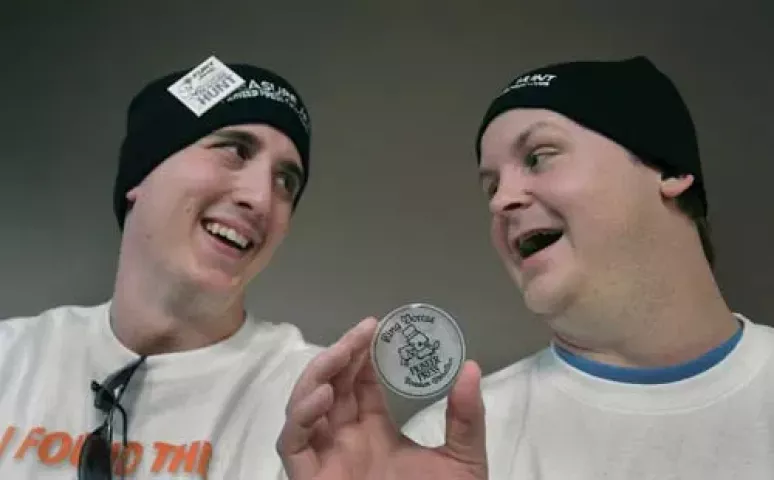 Rob Brass, left and Jake Ingebrigtson found the the Pioneer Press Treasure Hunt Medallion at Lilydale Regional Park in St. Paul on Wednesday January 27, 2010, the 11th day of the hunt. (Pioneer Press: Richard Marshall)
