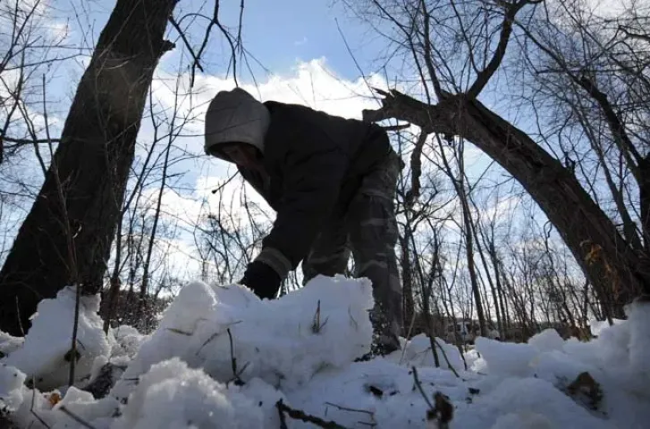 “It’s gotta be under here somewhere,” said Tim Moore of St. Paul, who overturns slabs of snow in hopes of finding the Winter Carnival Medallion in Lilydale Regional Park in St. Paul on Wednesday January 27, 2010. (Pioneer Press: Richard Marshall)