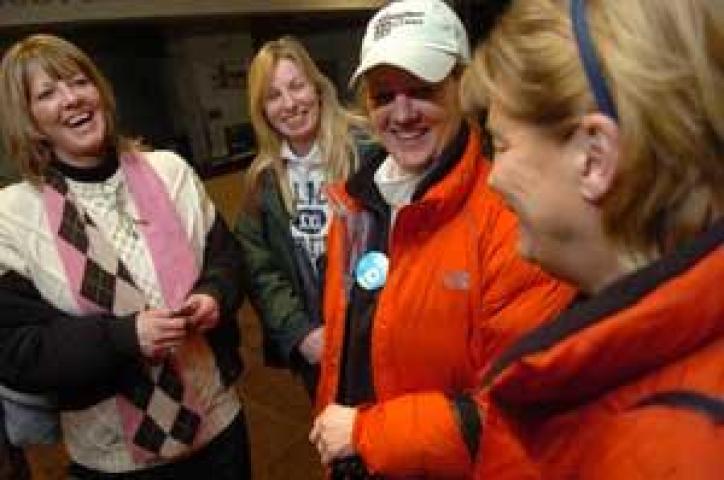 FROM LEFT TO RIGHT: Mary Brown, Amy Wilson, Janel Donegan and Ginny Jarombek gather in the Pioneer Press lobby after their party of six found the Winter Carnival medallion in Wednesday, Jan. 31, 2007. (Pioneer Press: Brandi Jade Thomas)