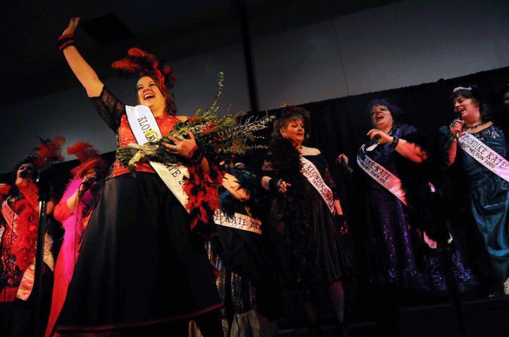 Kathy Rustin-Westphal of Saint Paul Park greets the crowd after being chosen as the 2014  Klondike Kate in the final  round of the Klondike Kate competition, part of the 128th St. Paul Winter Carnival, held in Oakdale Wednesday night, January 8, 2014. This was her third run at the Klondike Kate title. (Pioneer Press: Scott Takushi)