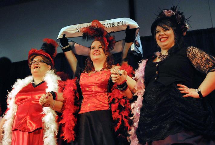 Kathy Rustin-Westphal of  Saint Paul Park , center, is chosen as the 2014  Klondike Kate in the final round of the Klondike Kate competition, part of the 128th St. Paul Winter Carnival. From left, Theresa McConnon of St. Paul, Rustin-Westphal, and Amy Hopkins of Baldwin, Wisconsin. (Pioneer Press: Scott Takushi)