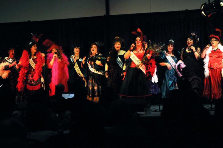 Kathy Rustin-Westphal of  Saint Paul Park , fourth from right, was chosen as the 2014  Klondike Kate in the final  round of the Klondike Kate competition, part of the 128th St. Paul Winter Carnival, held in Oakdale Wednesday night,  January 8, 2014.  (Pioneer Press: Scott Takushi)