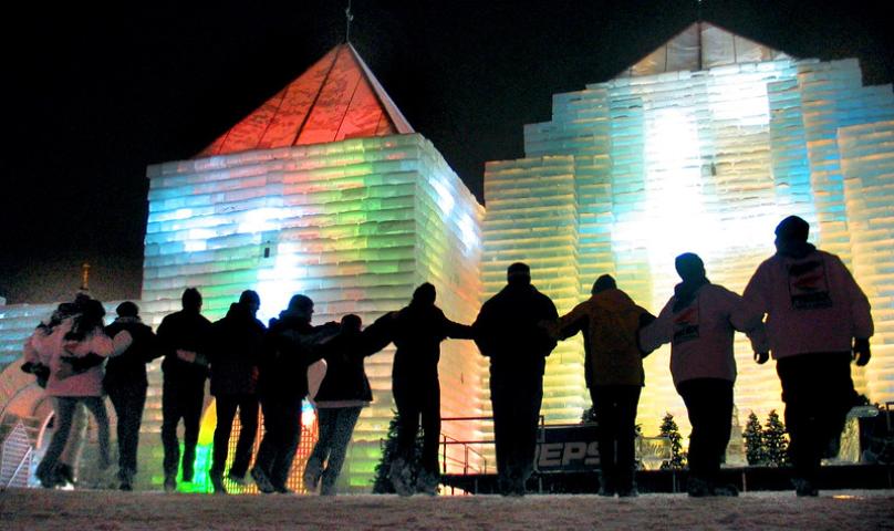 The 2004 Ice Palace is illuminated after dark