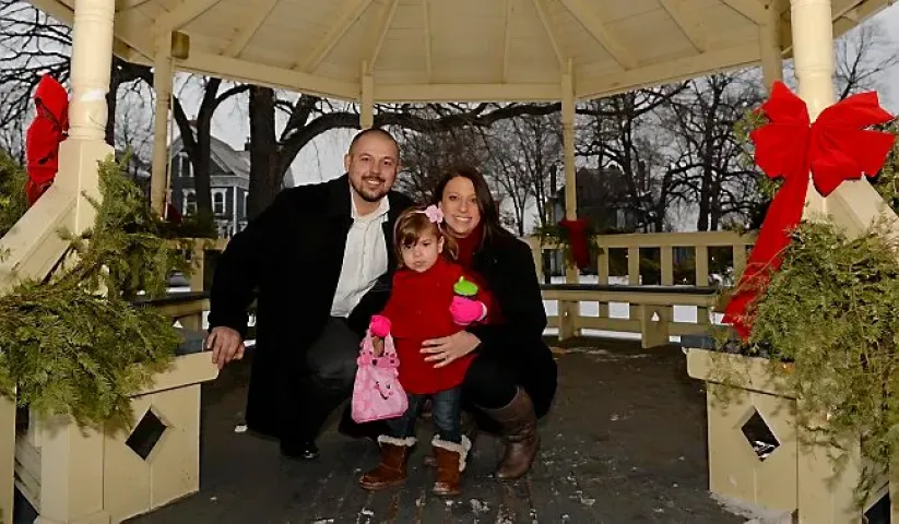 Bryan Gustavson proposed to his longtime girlfriend Jessica Rushenberg by a mini treasure hunt whose final clue led her to the gazebo in Irvine Park in St. Paul. The pair were photographed along with their 2-year-old daughter Avery at the gazebo on Thursday, Jan. 21, 2016. (Pioneer Press: John Autey)