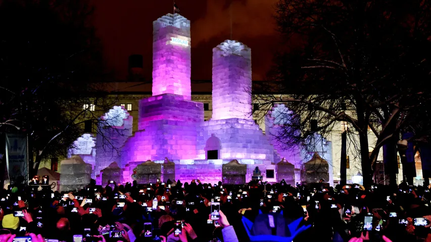 The ice palace is lit after the St. Paul Winter Carnival Moon Glow Pedestrian Parade in St. Paul on Thursday, Jan. 25, 2018. (Jean Pieri / Pioneer Press)