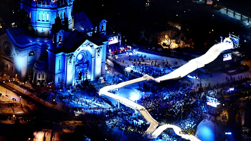 An aerial view of Red Bull Crashed Iced competition at the St. Paul Cathedral, Saturday night, February 22, 2014. .(Pioneer Press: John Autey)