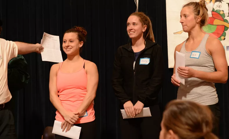 The 2016 Bouncing Girl Bailee Jo Meyer, left, and the two alternatives Kelsey Pedersen, middle, and Bria Magnuson, are introduced to the crowd during the St. Paul Bouncing Team tryouts at the Landmark Center in St. Paul on Friday, February 5, 2016. (Pioneer Press: John Autey)