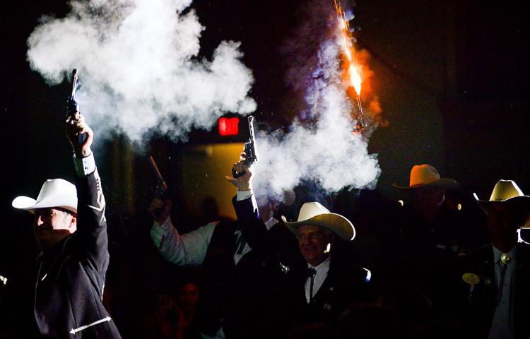 Guns are fired as the Prince of the West Wind enters. (Pioneer Press: Ben Garvin)