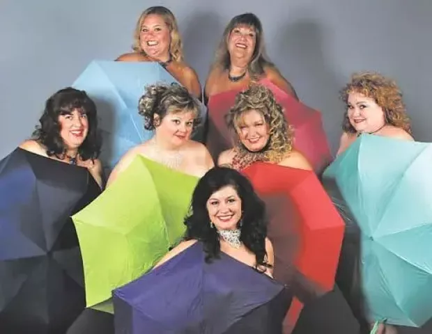 April (umbrellas) Front row: Kim Tsoukalas. Second row: Judy Nelson, Britt Tany Wells, Shar Salisbury, Paula Berends. Third row: Darice Koepke and Wendy Miller. (Photo taken by Proex)