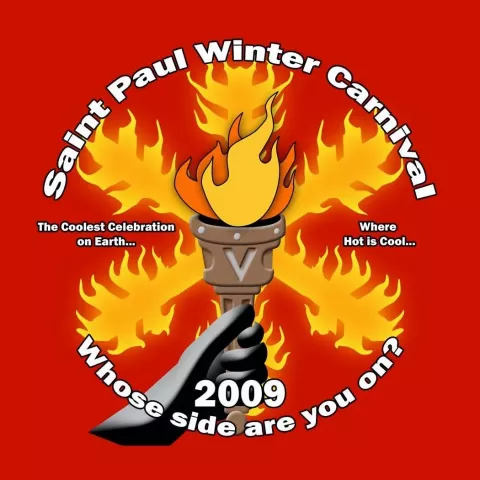 Vulcan Krewe/Vulcanus Rex Winter Carnival button for 2009, designed by Nick Barrett son of Vulcan Krewe ranking member Tom Barrett.
