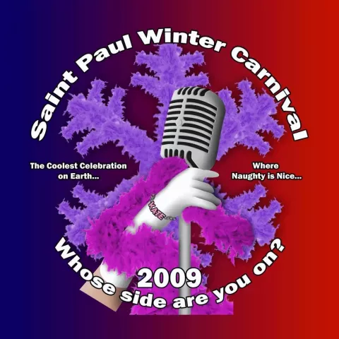 The Klondike Kates St. Paul Winter Carnival button designed by Nick Barrett, son of ranking member Vulcan Krewe member, Tom Barrett.
