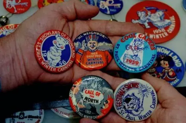 Howie Register said that earlier St. Paul Winter Carnival buttons had a theme, as indicated on these buttons, January 21, 2009. Howie Register (cq Howie), a collector of St. Paul Winter Carnival memorabilia, is in charge of the exhibit this year at the Landmark Center. (Jean Pieri , Pioneer Press)