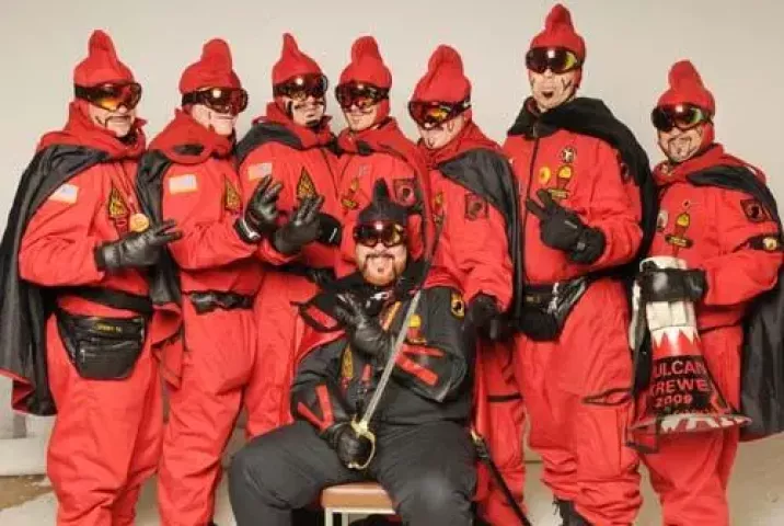 The Vulcans: front: Vulcanus Rex LXXII, Joe Vogel, N. St. Paul, back row, left to right: Baron Hot Sparkus, Steve Gravem, Maplewood, Duke of Klinker, Steve Gurney, Bloomington, Prince of Soot, Dennis Pladson, S. St. Paul, General Flameous, Fred Edstrom, Brooklyn Park, Count Embrious, James Bly, Minnetonka, Grand Duke Fertilious, Tim Shanley, Maplewood, Count of Ashes, Joe Stradinger, Shoreview, January 28, 2009. (all cq by each man) (Pioneer Press: Jean Pieri)