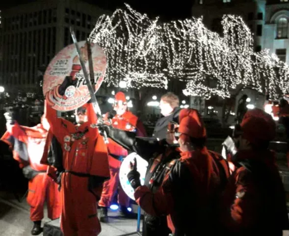 Vulcans reveal their 2012 Winter Carnival button Friday, Dec. 2, 2011, in St. Paul’s Rice Park. (Pioneer Press: John Brewer)