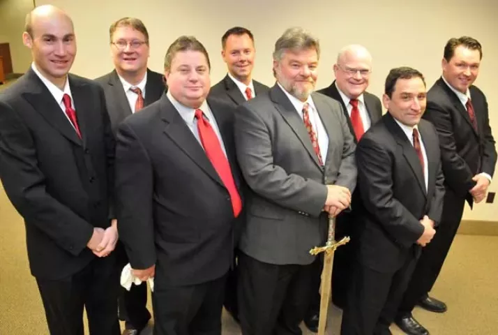 2011 VULCAN KREWE (L-R) Front row: Anthony Mahmooe, Duke of Klinker; Tom Erickson, Volcanus Rex LXXIV; Louis J. Bruno, Baron Hot Sparkus. Back Row (l-r) Michael Albert, Count of Ashes; Jeff Johnson, Grand Duke Fertilius; Keegan Boudewyns, Count Embrious; Robert Austin, Prince of Soot; David S. Prissel, General Flameous. (Photo by John Doman). (Pioneer Press: John Doman)