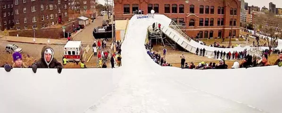 A view looking towards the wall ride section of the track from a camera mounded on the helmet of Amanda Trunzo of Andover as she takes a training run down the Red Bull Crashed Ice course in St. Paul, Minn., on Thursday, January 12, 2012. (Pioneer Press: Ben Garvin)