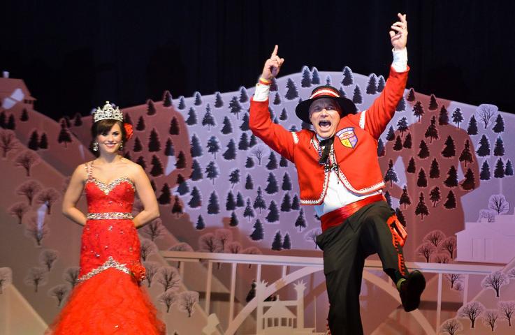 2013's Prince of the Southwinds Chris Stout of Minneapolis shouts "Ole!" on final time before a new Prince was selected at the 128th St. Paul Winter Carnival Royal Coronation Friday, January 24, 2014. "It's a bitter sweet moment," said Stout. "You spend alot of time with people and then it all goes away." At left is Megan Erickson of West St. Paul, Princess of the Southwind. (Pioneer Press: Ben Garvin)