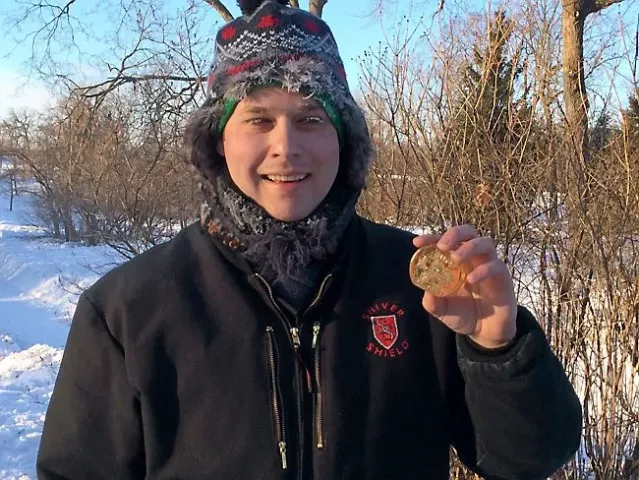Ben Haselman found the Pioneer Press Treasure Hunt medallion in St. Paul's Como Park on Monday morning, Jan. 27, 2014. (Photo courtesy of Ben Hasleman)