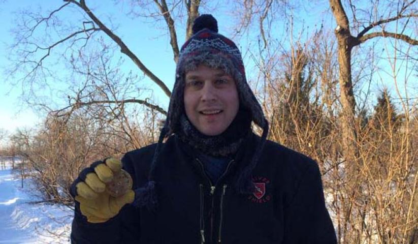 Ben Haselman found the Pioneer Press Treasure Hunt medallion in St. Paul's Como Park on Monday morning, Jan. 27, 2014. (Photo courtesy of Rob Brass)