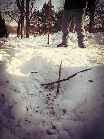 An X of sticks marks the spot where the medallion was found. (Pioneer Press: John Brewer)