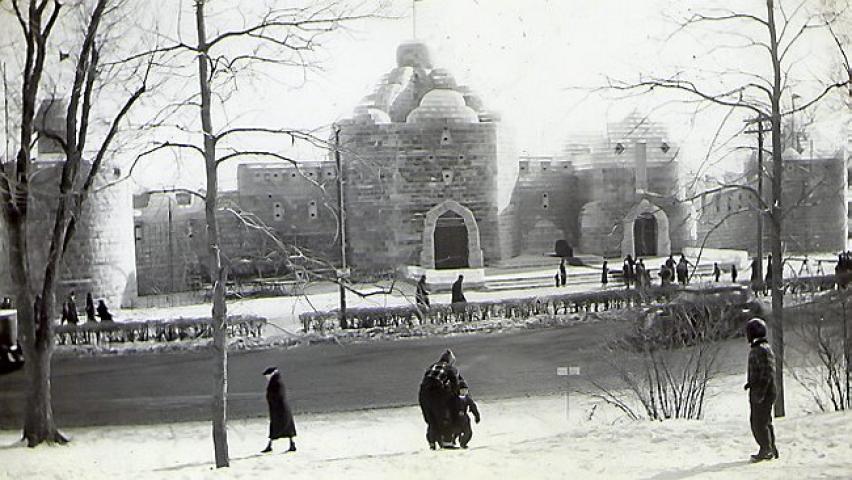 Bulletin Board Notes: Our Web-wandering research has concluded that this is the 1939 Ice Palace. Our best find: http://tinyurl.com/Palace-39. If our conclusion is correct, that's Boreas Rex V Carl R. Gray, Jr. of the Omaha Railroad.