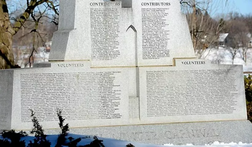 A close up of the 14 foot tall memorial to the workers and and sponsors of the 1986 Winter Carnival Ice Palace, which Charlie Hall wants moved from Phalen Park to Kellogg Boulevard, Saturday afternoon, March 8, 2014. In its current location very few people can admire it. Mr. Hall has even offered to pay for the move, just as he paid for the monument itself. (Pioneer Press: John Autey)