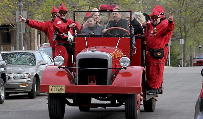 St. Paul Vulcans ride their truck, Luverne, at a 2014 event at Bridge View School in St. Paul. (Courtesy of St. Paul Vulcans)