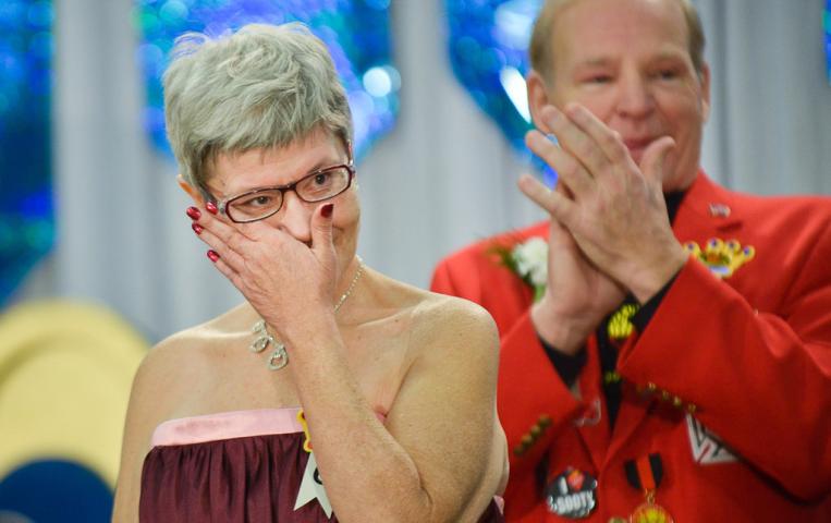 Cindy Thrasher sheds a tear after being crowned the 2014 Princess of the Four Winds during the Senior Royalty Coronation ceremony. (Pioneer Press: Ben Garvin)