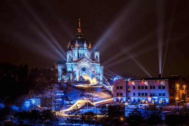 The Cathedral of St. Paul -- all lit up and dressed up for the Crashed Ice competition -- on Tuesday night. (Pioneer Press: Andy Rathbun)