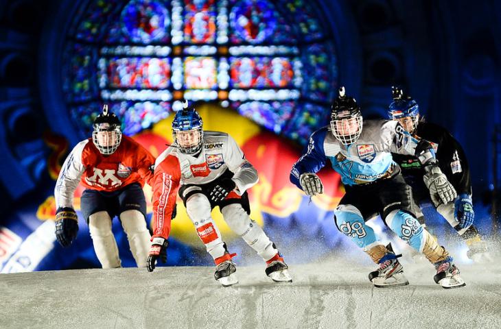 From left, Colin Mayer, Markus Juola, Tyler Whitty and Danny Hansen compete during the Crashed Ice St. Paul Finals. (Pioneer Press: Ben Garvin)
