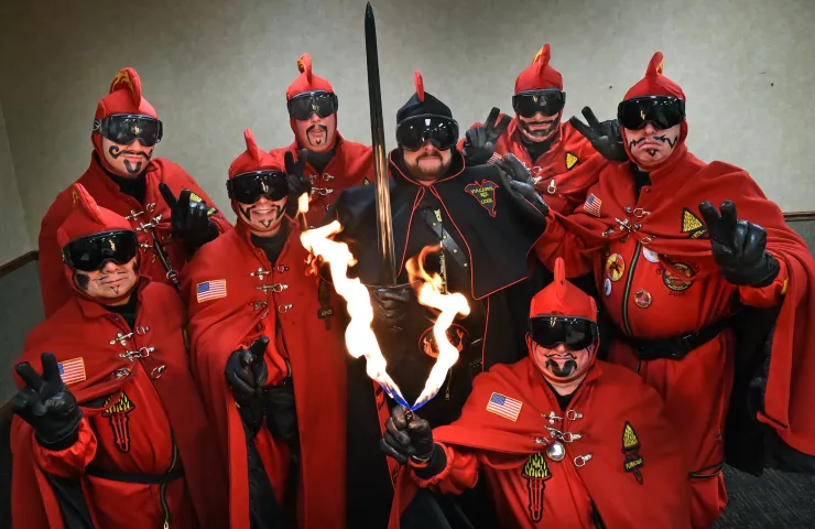The 2016 St. Paul Winter Carnival Vulcan Krewe sit for a photograph in St. Paul, on Wednesday, Feb. 3, 2016. In the front row, from left, are: Emilio Munoz, Prince of Soot; Jeff MacDonald, Count of Ashes; John Utermoehl, Vulcanus Rex; and John Hoeft (holding flame) General Flameous. In the back row, from left are: Mitch Hoglin, Count Embrious; Randy Graff, Duke of Klinker; Richard Weiss, Baron Hot Sparkus; and Doug Johnson, Grand Duke Fertilious. (Pioneer Press: Jean Pieri)