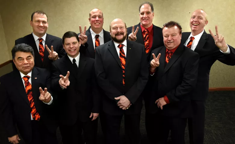 The unmasked Vulcan Krewes includes, in the front row, from left, are: Emilio Munoz, Prince of Soot; Jeff MacDonald, Count of Ashes; John Utermoehl, Vulcanus Rex; and John Hoeft, General Flameous. In the back row, from left are: Mitch Hoglin, Count Embrious; Randy Graff, Duke of Klinker; Richard Weiss, Baron Hot Sparkus; and Doug Johnson, Grand Duke Fertilious. (Pioneer Press: Jean Pieri)Jean Pieri)