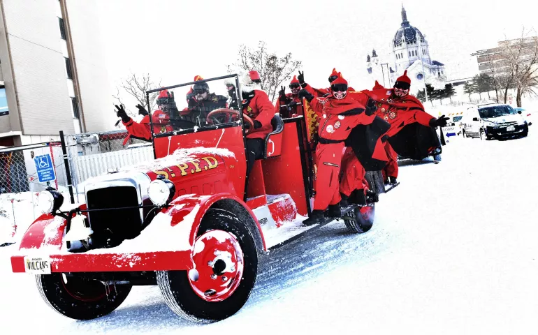 The Vulcan Krewe leave their St. Paul hotel on Wednesday, Feb. 3, 2016. On the agenda; 13 appearances as part of the Winter Carnival. (Pioneer Press: Jean Pieri)