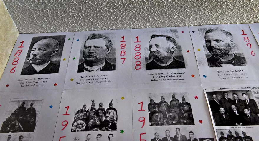 On the "den" wall of historic photos of the Vulcans is the very first Fire King Coal from 1886. (Pioneer Press: Jean Pieri)