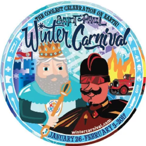 The designs for the 2017 St. Paul Winter Carnival buttons, created by Ham Lake artist John Fredrick Kocon, were unveiled at the St. Paul tree-lighting ceremony on Saturday, Nov. 19, in downtown St. Paul. The 2017 St. Paul Winter Carnival will run Jan. 26 through Feb. 5. The designs feature Rice Park, the state of Minnesota, a stocking cap and the battle between King Boreas and Vulcanus Rex(pictured here). Kocon said the buttons all have the same background, "a mosaic cracked ice look with blues, pinks, purp