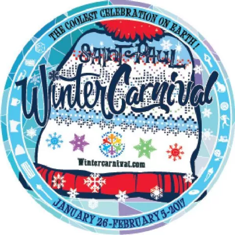 The designs for the 2017 St. Paul Winter Carnival buttons, created by Ham Lake artist John Fredrick Kocon, were unveiled at the St. Paul tree-lighting ceremony on Saturday, Nov. 19, in downtown St. Paul. The 2017 St. Paul Winter Carnival will run Jan. 26 through Feb. 5. The designs feature Rice Park, the state of Minnesota, a stocking cap(pictured here) and the battle between King Boreas and Vulcanus Rex. Kocon said the buttons all have the same background, "a mosaic cracked ice look with blues, pinks, purp