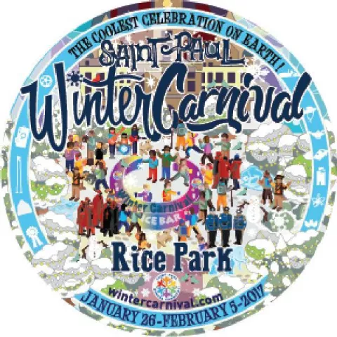 The designs for the 2017 St. Paul Winter Carnival buttons, created by Ham Lake artist John Fredrick Kocon, were unveiled at the St. Paul tree-lighting ceremony on Saturday, Nov. 19, in downtown St. Paul. The 2017 St. Paul Winter Carnival will run Jan. 26 through Feb. 5. The designs feature Rice Park (shown here), the state of Minnesota, a stocking cap and the battle between King Boreas and Vulcanus Rex. Kocon said the buttons all have the same background, "a mosaic cracked ice look with blues, pinks, purple
