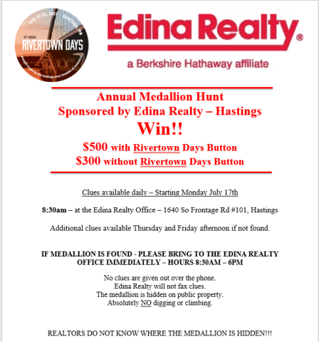 2017 Hastings Rivertown Days Medallion Hunt Flyer
