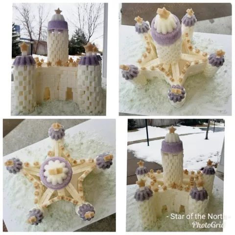Writes Claire Cambridge of Minneapolis: "Presenting "The Star of the North Castle." Made of 1,260 sugar cubes, 1 pound of sugar, about two whole bottles of Elmer's glue and glitter. Lessons learned: 1. Sugar cubes are NOT equal on all sides (found this out a little too late) and thankfully 2. Hardened sugar is a very forgiving medium."