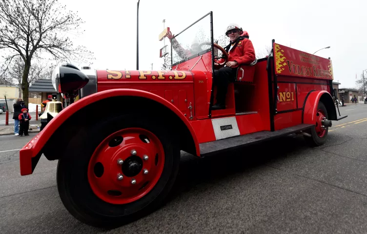 Luverne, the Vulcans newly restored firetruck, participates in the Winter Carnival Grande Day Parade in St. Paul on Saturday, Jan. 30, 2016. (Pioneer Press: John Autey)