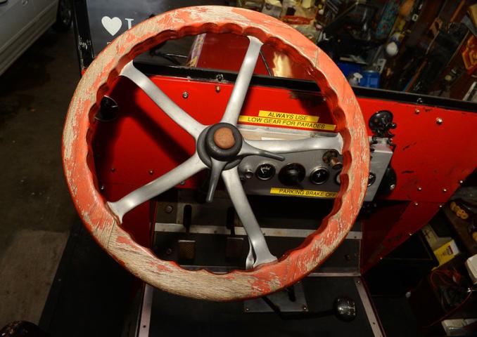 The steering wheel and dashboard of the open-cab 1932 Luverne Fire Truck. (Pioneer Press: John Autey)